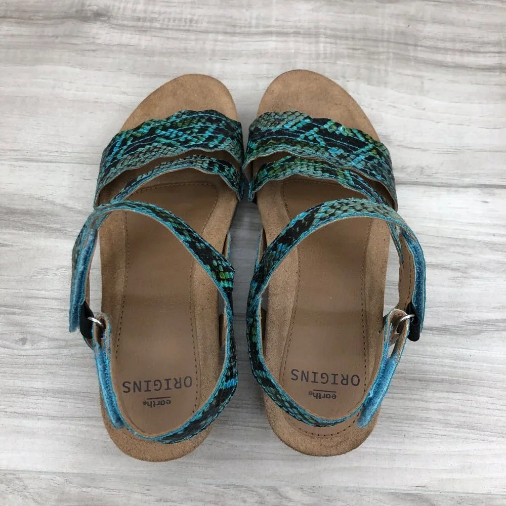 Earth Origins Sandals Womens 7M Poppy Teal Hook and Loop Wedge Shoes
